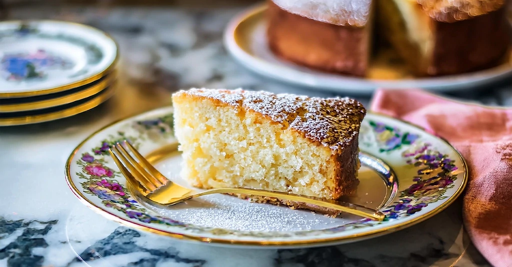 A slice of hot milk cake dusted with powdered sugar on a vintage floral plate, served with a gold fork and pastel pink napkin.