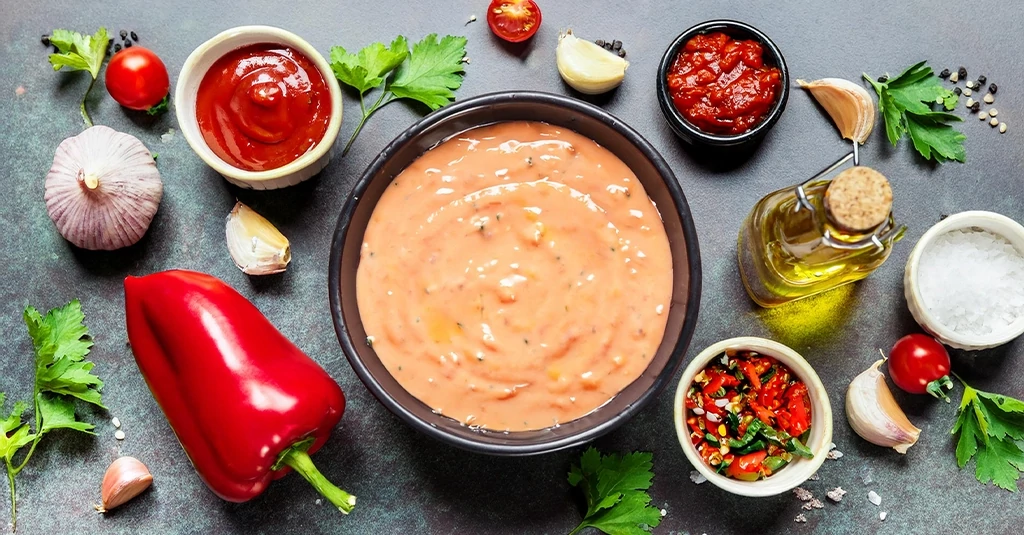 A top-down image displaying Raising Cane's sauce recipe with a creamy sauce bowl at the center, surrounded by fresh ingredients like garlic, herbs, and spices, along with kitchen utensils.