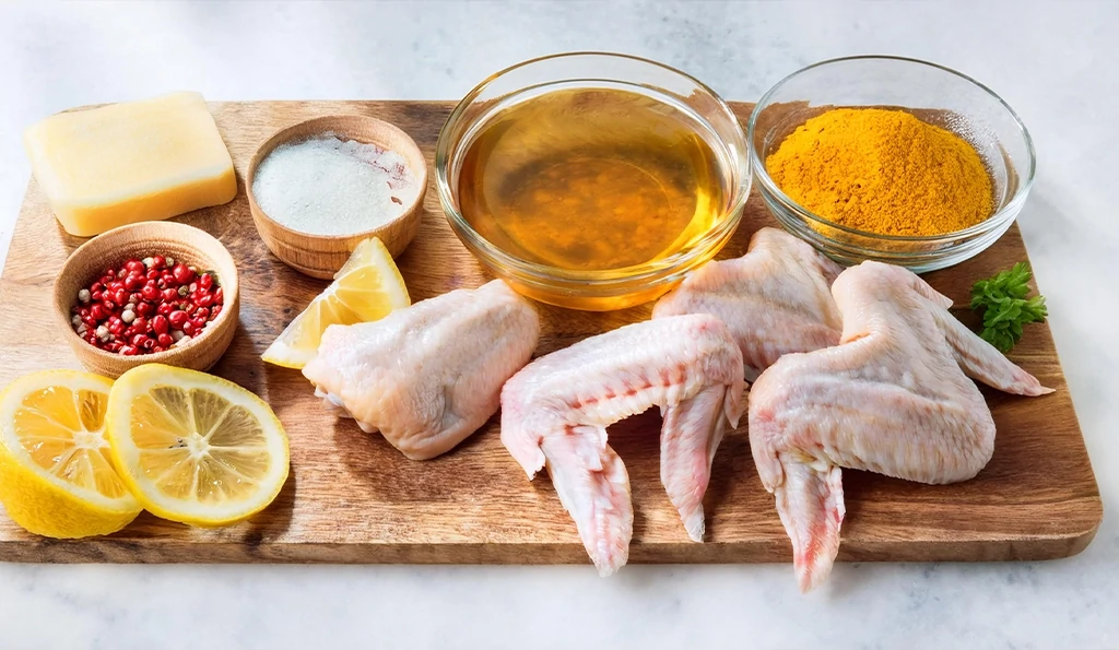 Top view of honey lemon pepper wings ingredients: chicken wings, honey, lemon halves, black pepper, flour mix, butter, and red pepper flakes on a neutral background.