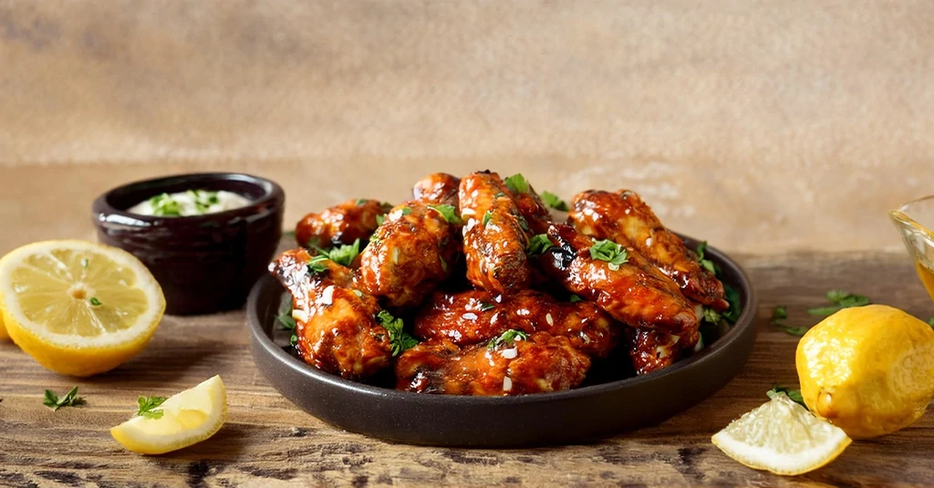 Golden, crispy honey lemon pepper wings glistening with a sweet, tangy glaze, garnished with lemon slices and freshly cracked black pepper on a rustic wooden table – perfect for highlighting the flavor and appeal of homemade honey lemon pepper wings.