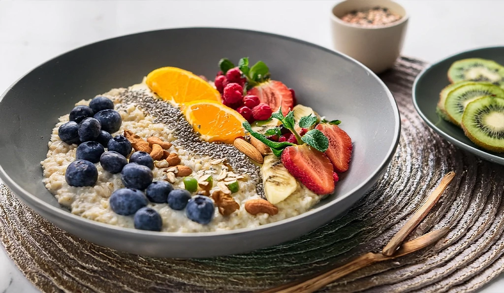 Breakfast options for 1750 Calorie Diet Weight Loss Meal Plan: energizing oats with fruit and nuts, and protein-packed poha with herbs and lemon.