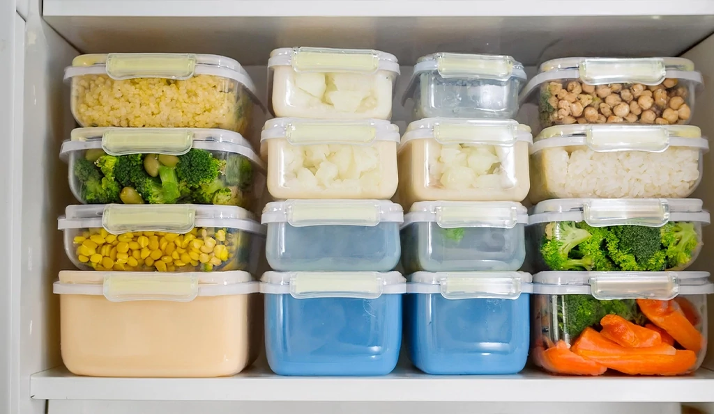 Week Meal Prep Plans for Large Family with Freezer-Friendly Recipes: Labeled meal containers on a countertop, organized for easy family meal planning.