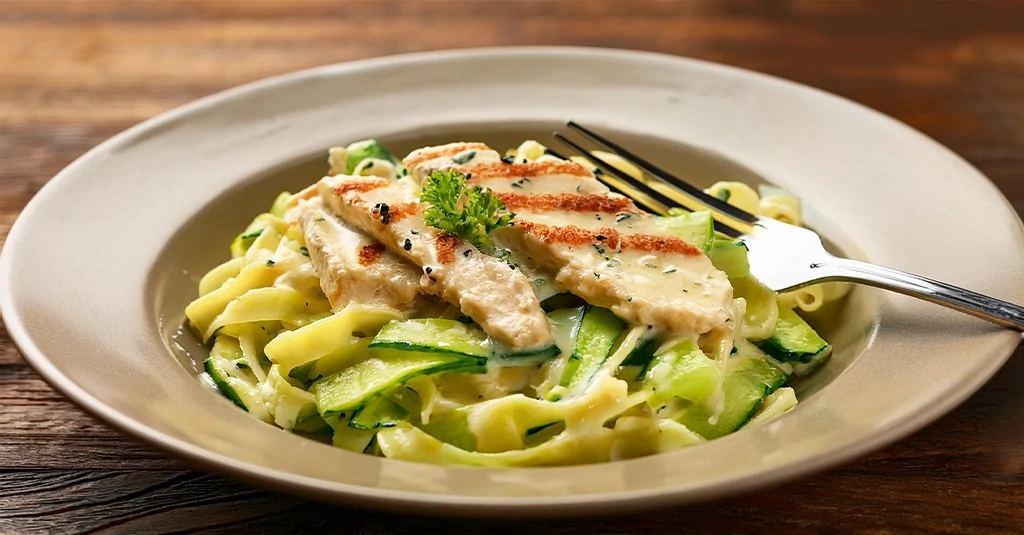 A close-up image of a delicious Keto Pasta dish featuring zucchini noodles topped with creamy Alfredo sauce and grilled chicken, garnished with fresh parsley and Parmesan cheese.