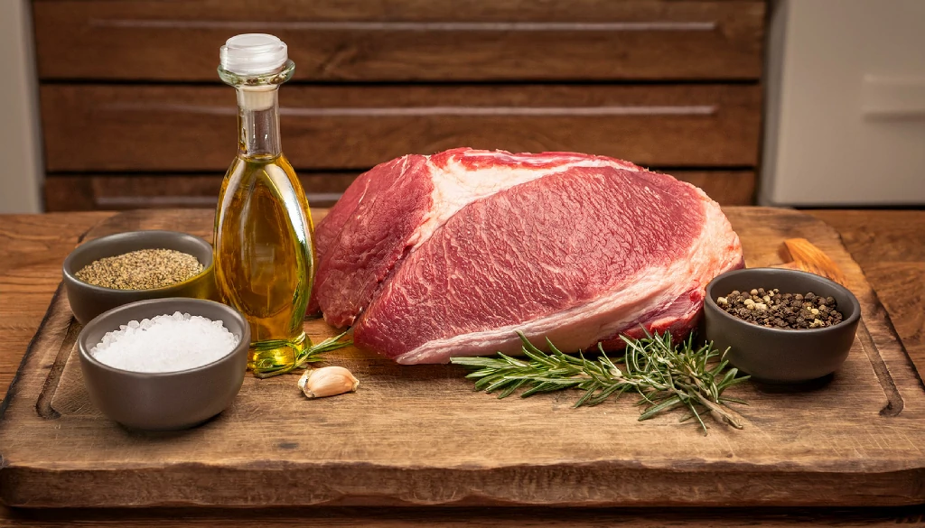 Ingredients for oven-cooked tri tip roast, including tri-tip, olive oil, salt, pepper, and fresh herbs.