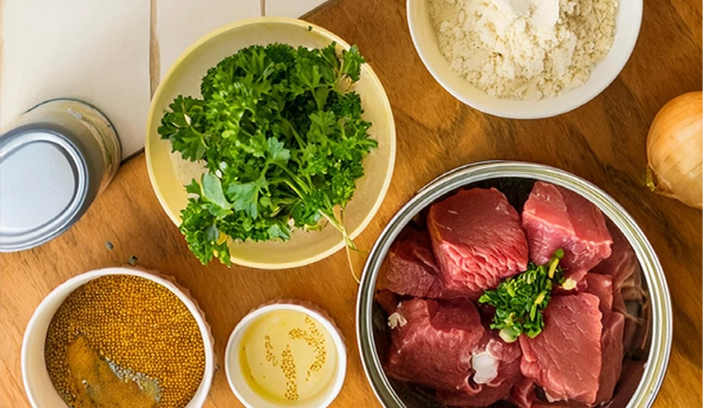 Ingredients for crockpot beef tips and gravy: beef cubes, onion soup mix, mushroom soup, broth, Worcestershire sauce, and parsley on a wooden surface.