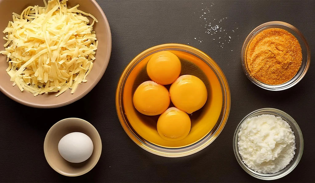 Ingredients for Keto Pasta: 2 cups shredded mozzarella cheese, 2 large egg yolks, 1 teaspoon garlic powder (optional), salt and pepper to taste.