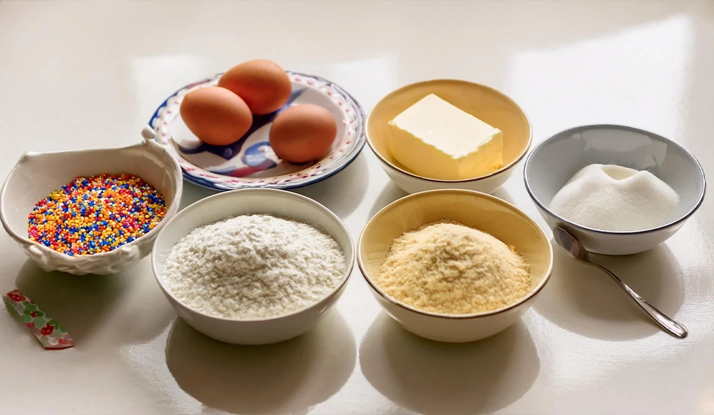 Ingredients for a school cake recipe UK: caster sugar, butter, flour, eggs, vanilla, icing sugar, water, and sprinkles, arranged on a light surface