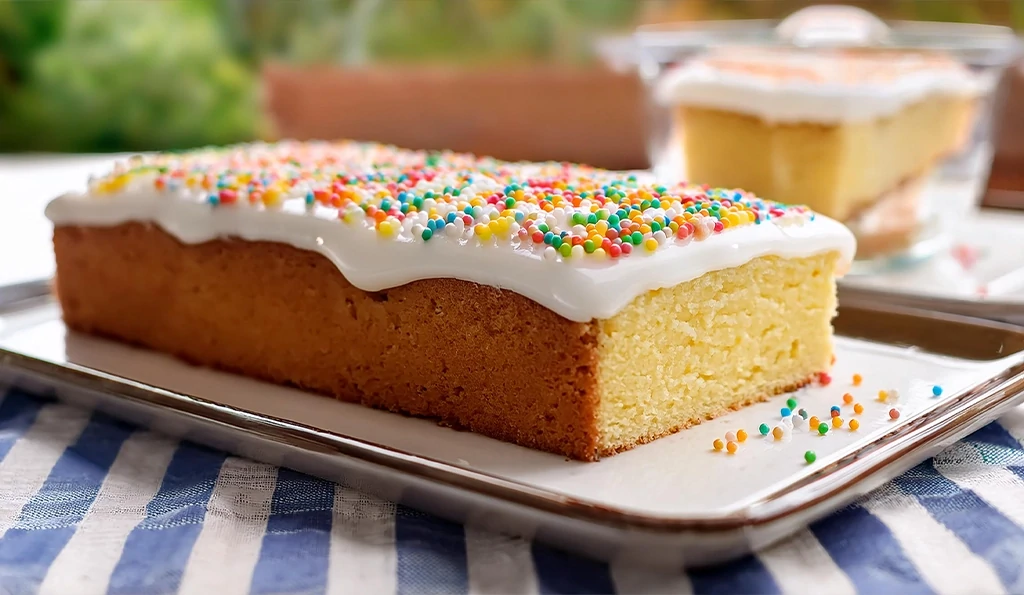 school cake recipe UK: vanilla sponge with white icing and colorful sprinkles, sliced into nostalgic squares.