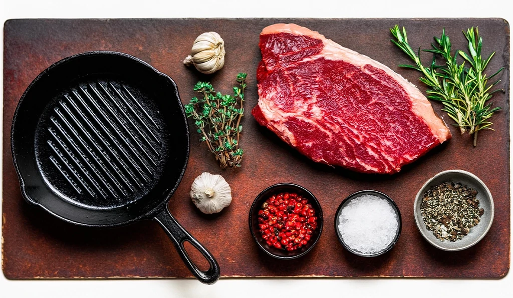 Important components for a sirloin tip steak recipe, including fresh sirloin tip steak, seasonings, herbs, and essential cooking tools arranged for easy reference.