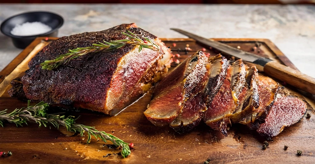 Perfectly cooked tri tip roast with golden-brown crust and juicy, medium-rare slices.